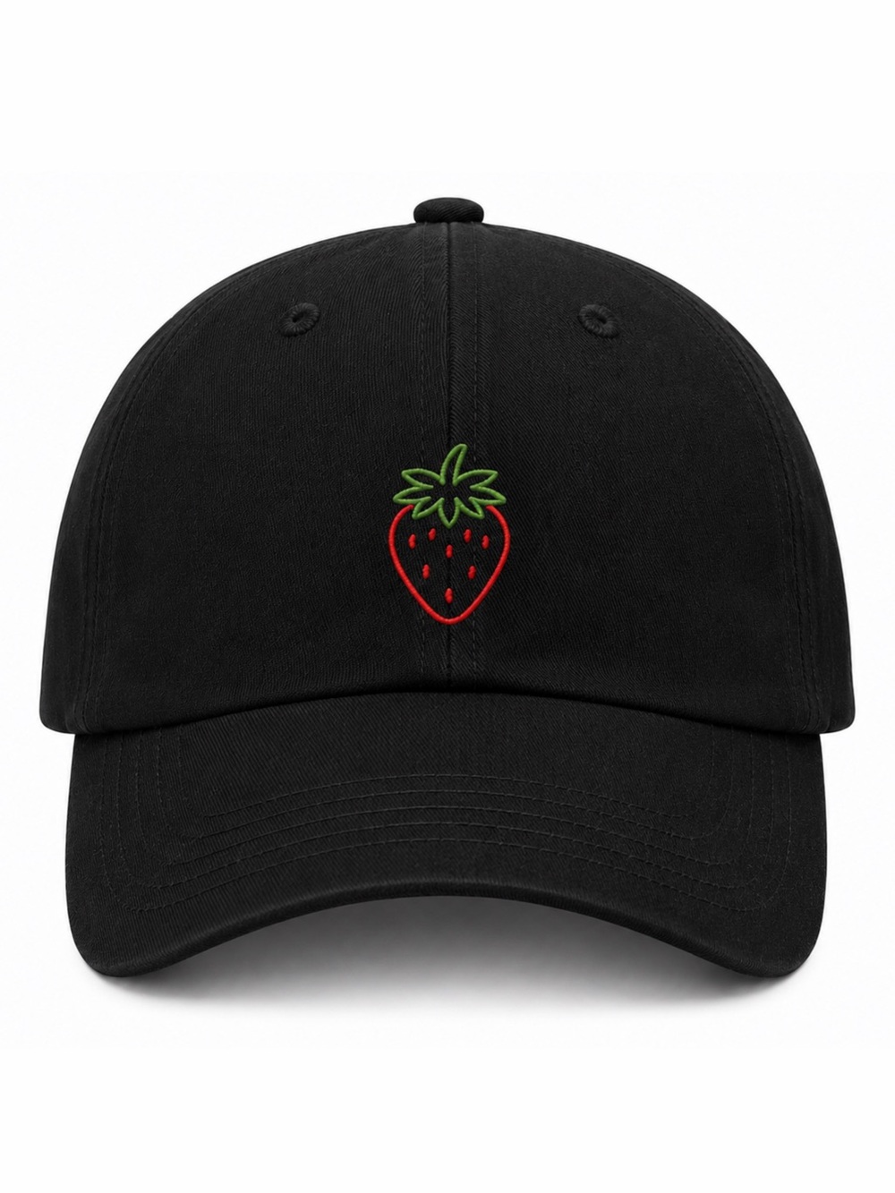🍓 Strawberry Embroidered Black Baseball Cap Adjustable Velcro Strap Cutesy Hat